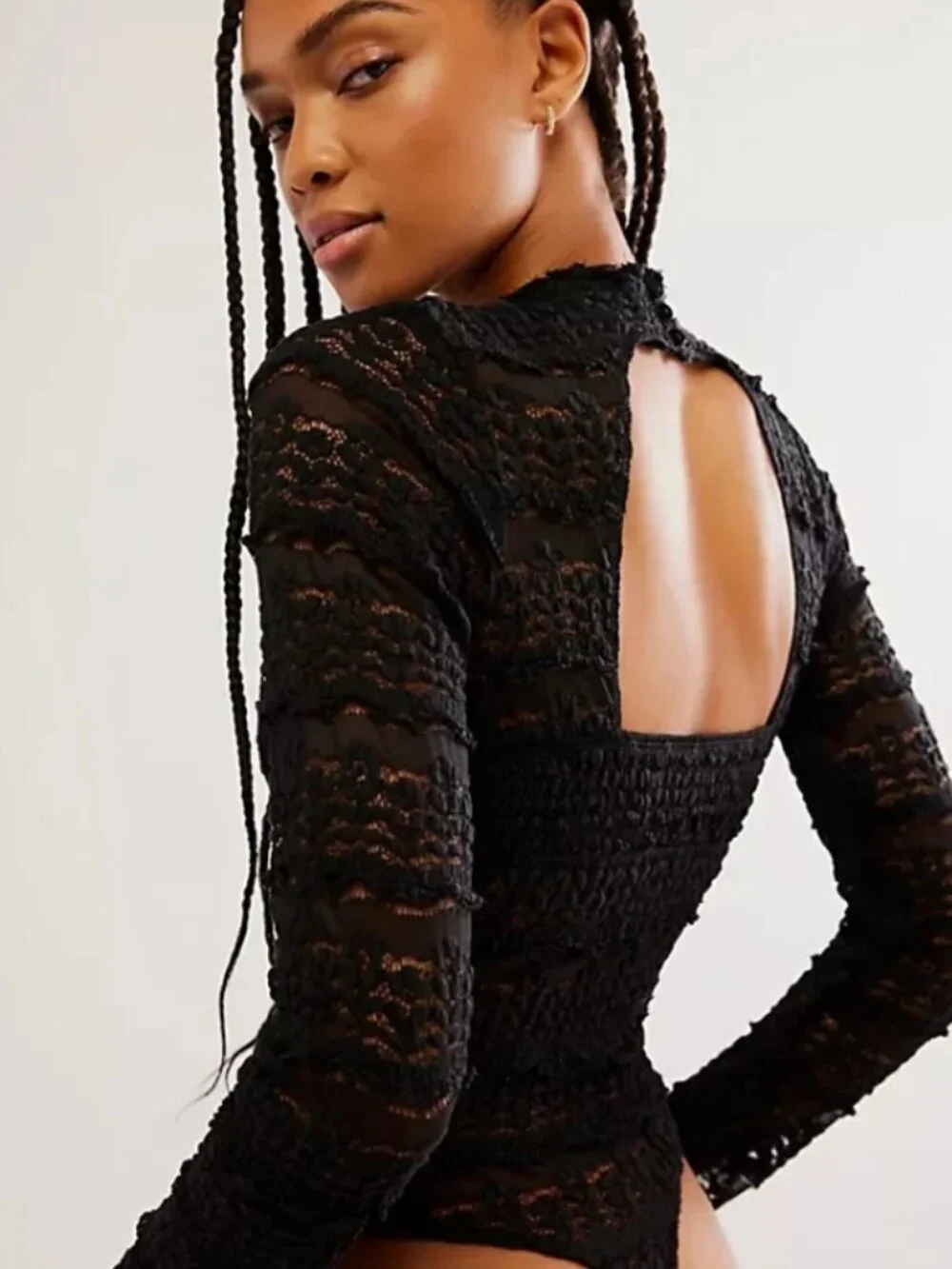 Free People Angelina Bodysuit Black Mock Neck Lace Sheer Cutout Top S